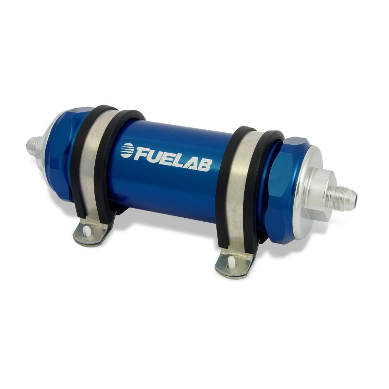 Fuelab 828 In-Line Fuel Filter Long -6AN In/-8AN Out 40 Micron Stainless – Blue