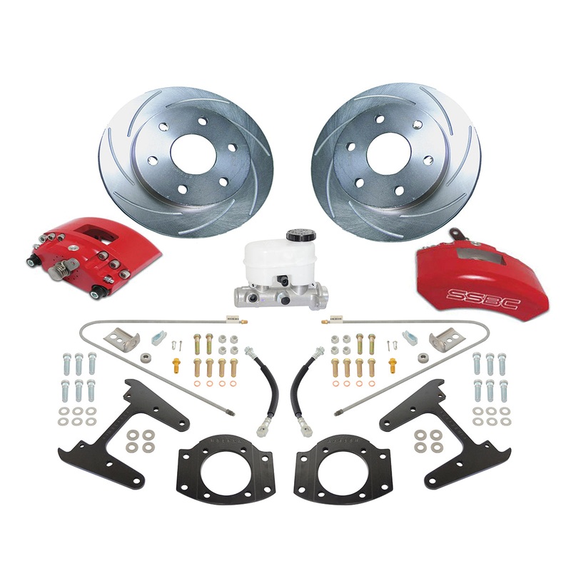 American Made Tri-Power 3-Piston Billet Aluminum Rear Drum to Disc Brake Conversion Kit W/Rotors. Red A126-3R