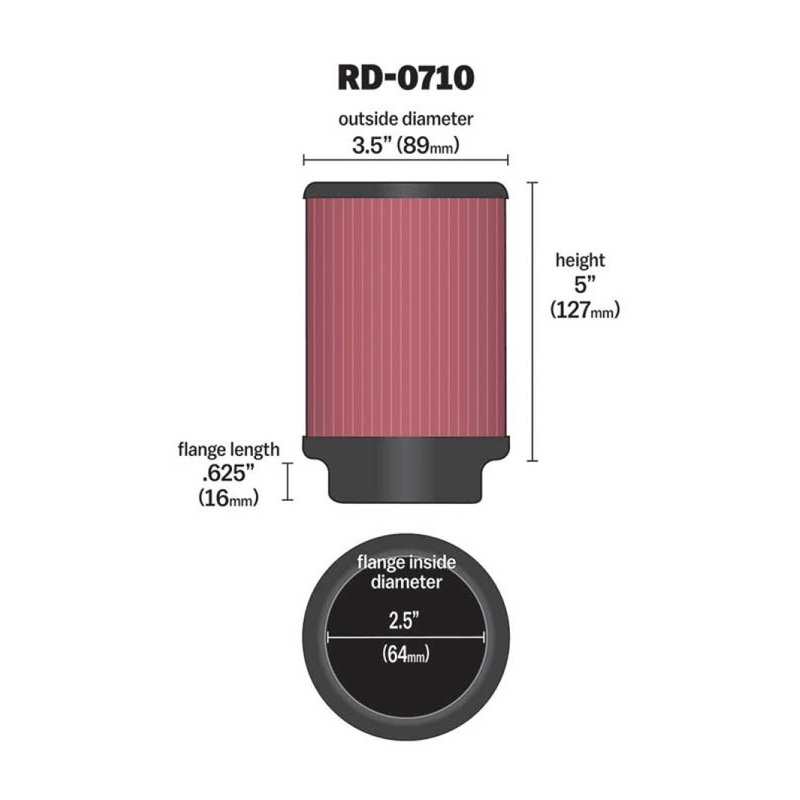K&N Universal Rubber Filter 2.5in Flange ID x 3.5in OD x 5in Height