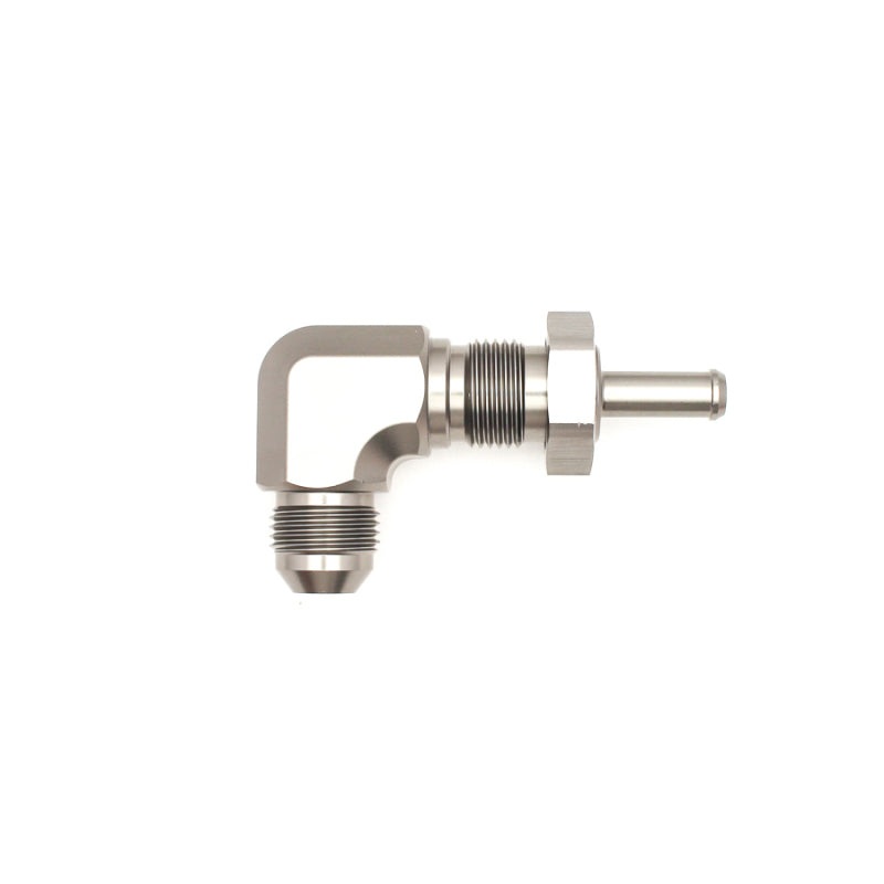 DeatschWerks 8AN Male Flare to 5/16in Male Barb Bulkhead Adapter 90-Degree – Anodized Matte Black