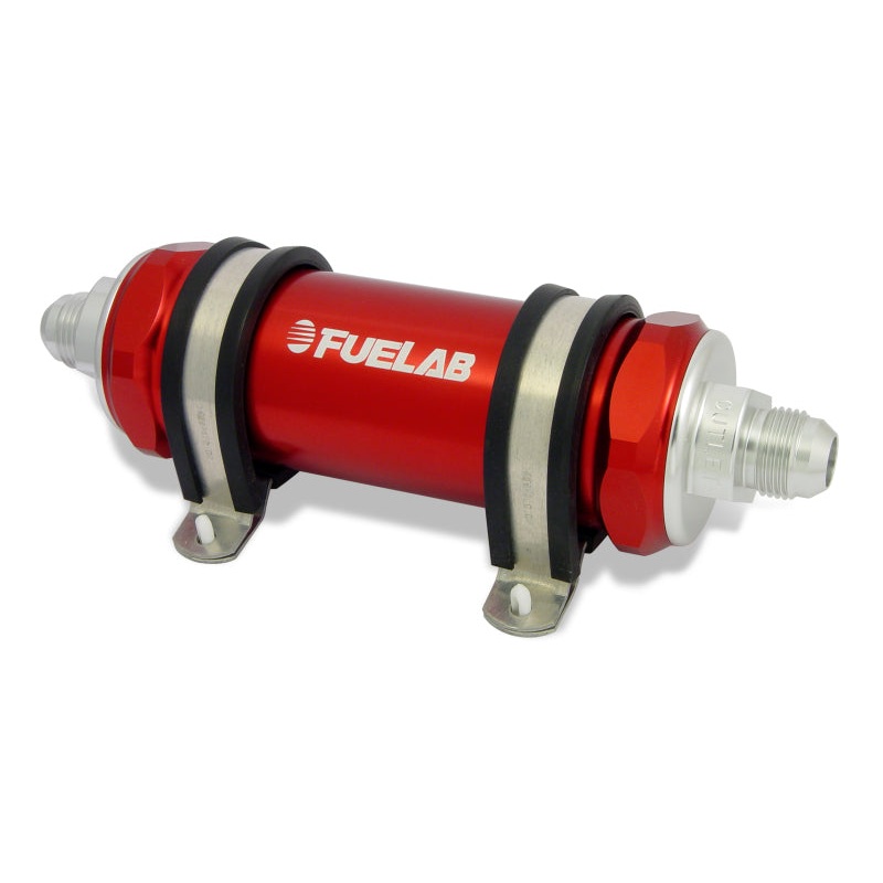 Fuelab 828 In-Line Fuel Filter Long -8AN In/-10AN Out 100 Micron Stainless – Red