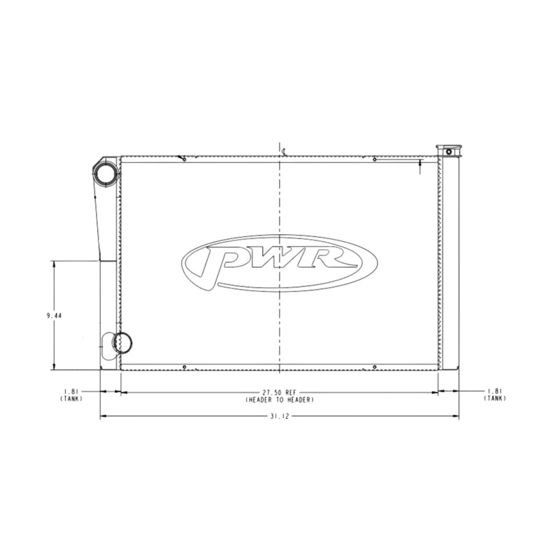 PWR – 42mm Universal Performance Radiator (PWR Ford Open 31 x 19) -20 AN Port Inlet, 1-3/4 Low Outlet