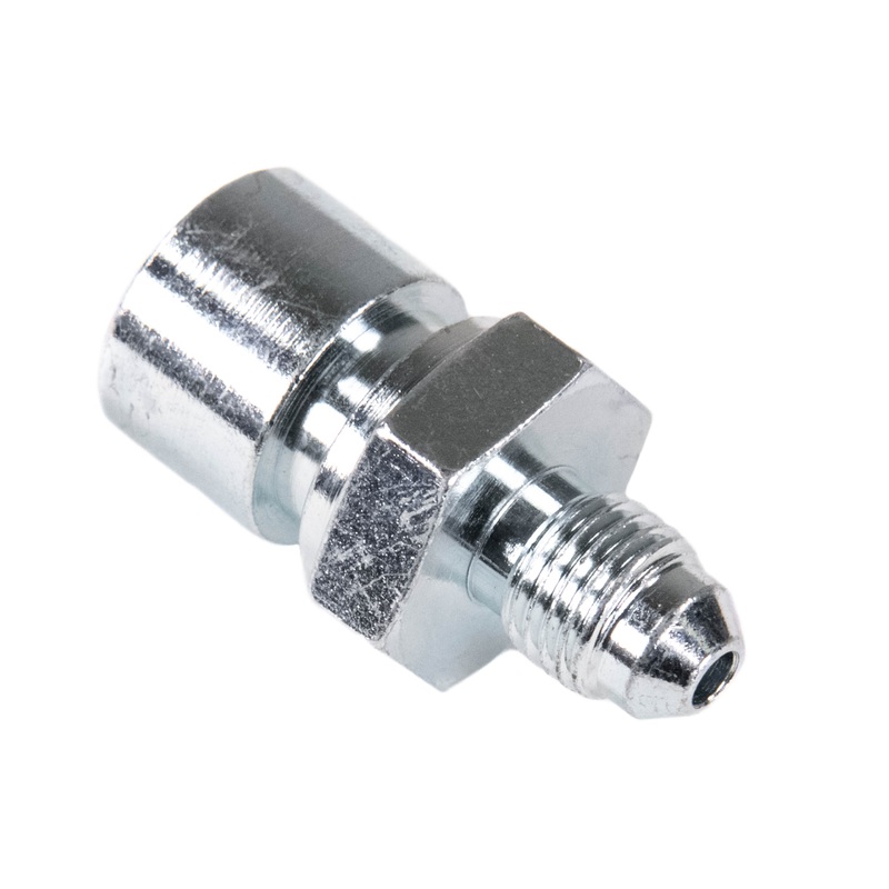 Brake Hardline Fitting, Male -3 AN to Female 7/16-24 female inverted flare, Steel, Zinc Plated, Each 650204 Fragola