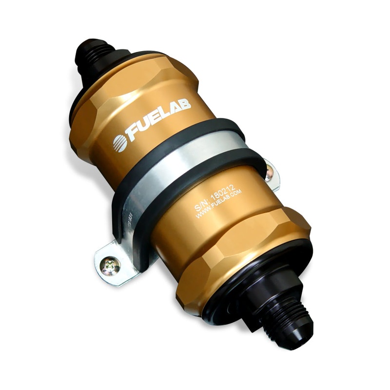 Fuelab 818 In-Line Fuel Filter Standard -8AN In/-6AN Out 6 Micron Fiberglass – Gold