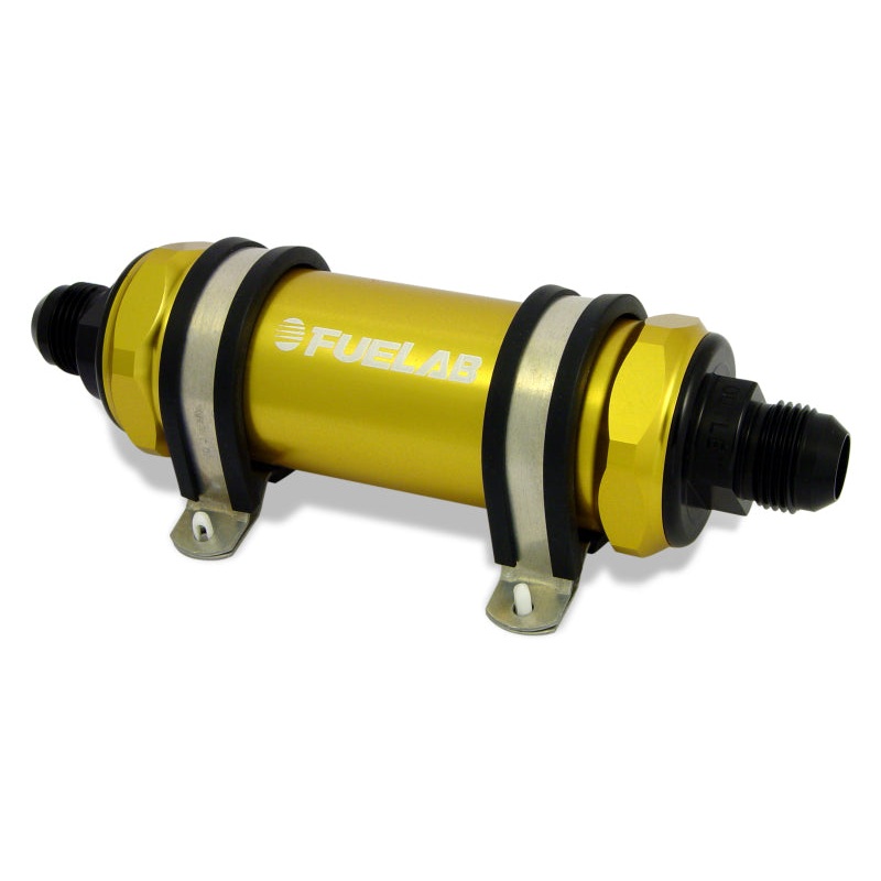 Fuelab 828 In-Line Fuel Filter Long -10AN In/-6AN Out 10 Micron Fabric – Gold