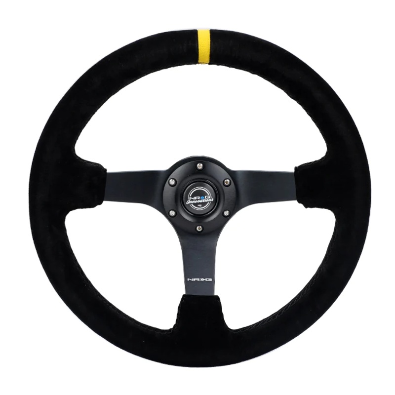 NRG Reinforced Steering Wheel (350mm / 3in. Deep) Blk Suede/X-Stitch w/5mm Blk Spoke & Yellow CM