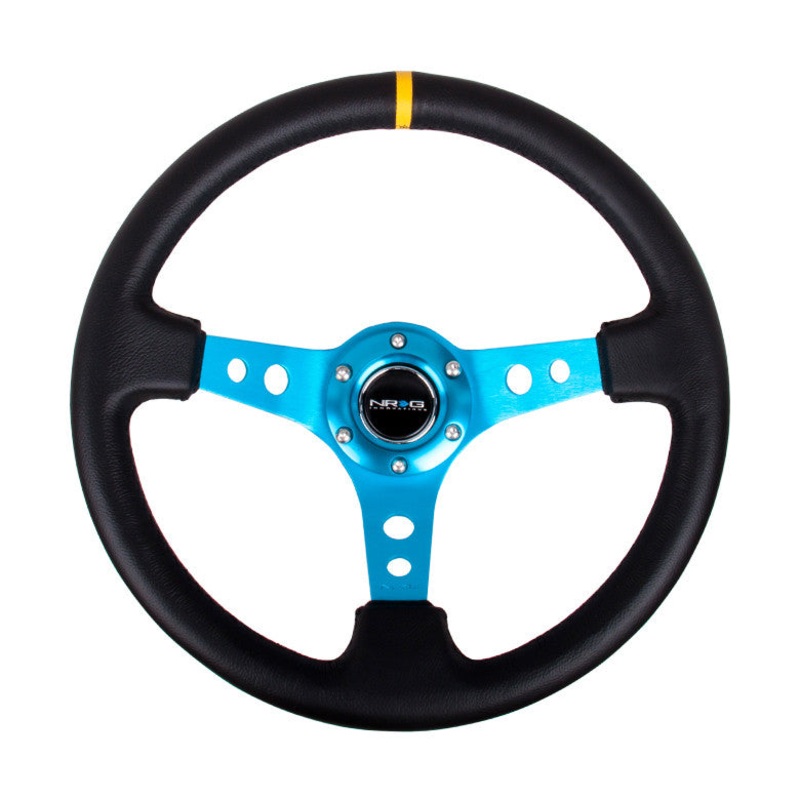 NRG ST-006 Series Steering Wheel (3″ Deep) Black Leather, New Blue 3 Spoke, Yellow Center Marking (350mm)