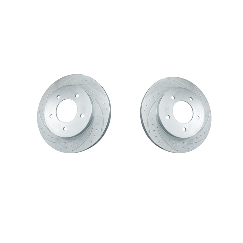 New Performance Rotors (Pair) Dual Bolt Pattern Drilled, Dimple-Drilled, Slotted, Zinc Plated.